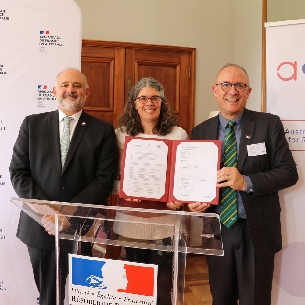 Three people in front of a lecturn holding a signed agreement