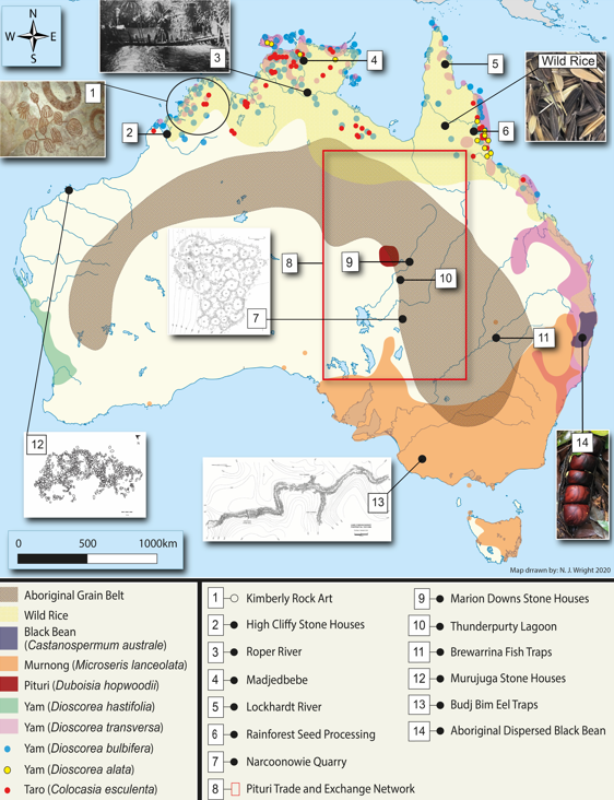 Examples of food production and acquisition systems, associated infrastructure and housing across Aboriginal Australia. Some examples of staple food plants are marked across large regions of the country.