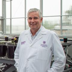 Headshot of Prof Ian Godwin in Plant Futures Facility greenhouse at UQ wearing lab coat