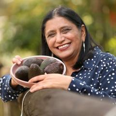 Prof Neena Mitter with bowl of avocados - credit photo Lyndon Mechielsen Newspix