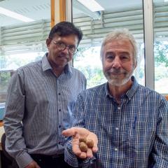 Dr Mobashwer Alam standing and Prof Bruce Topp sitting in a laboratory with a handful of macadamia nuts 