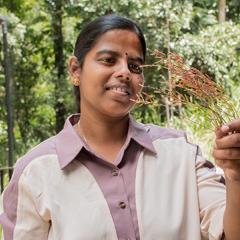 Sukirtha Srivarathan holding some halophytes with green bushland behind her 